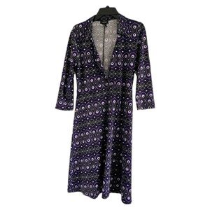 A.P.N.Y. Women's Purple Peacock Pattern Pull Over BeltedStretch Midi Dress-SizeM